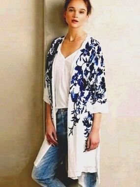 Anthropologie Knitted & Knotted Linen Blend S Floral Duster Cardigan White Blue